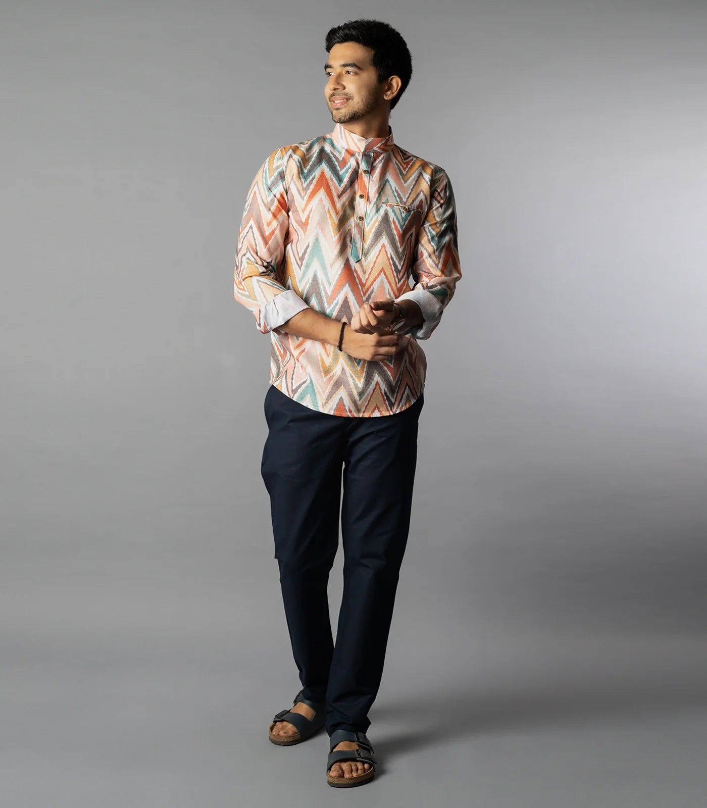 Multi Color Chevron Short Kurta With Mandarin Collar-Multi colour