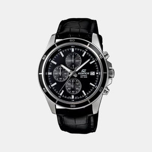Edifice Men Quartz Black Dial Chronograph Leather Watch EX096