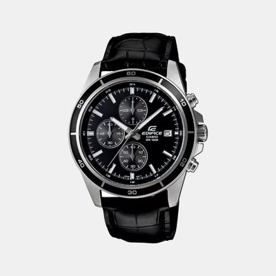 Edifice Men Quartz Black Dial Chronograph Leather Watch EX096