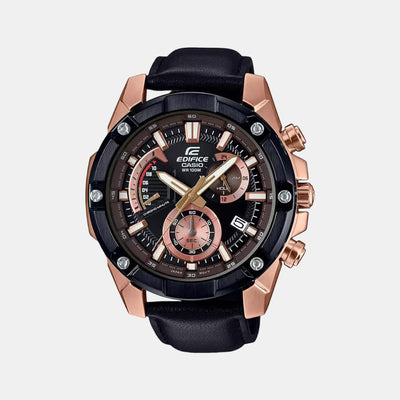 Edifice Men Quartz Black Dial Chronograph Leather Watch EX393