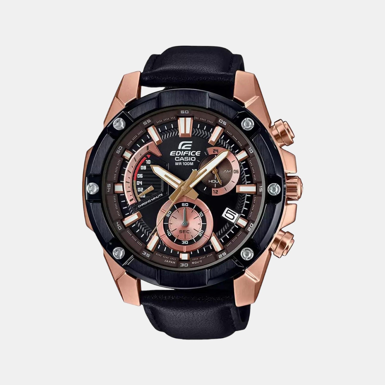 Edifice Men Quartz Black Dial Chronograph Leather Watch EX393
