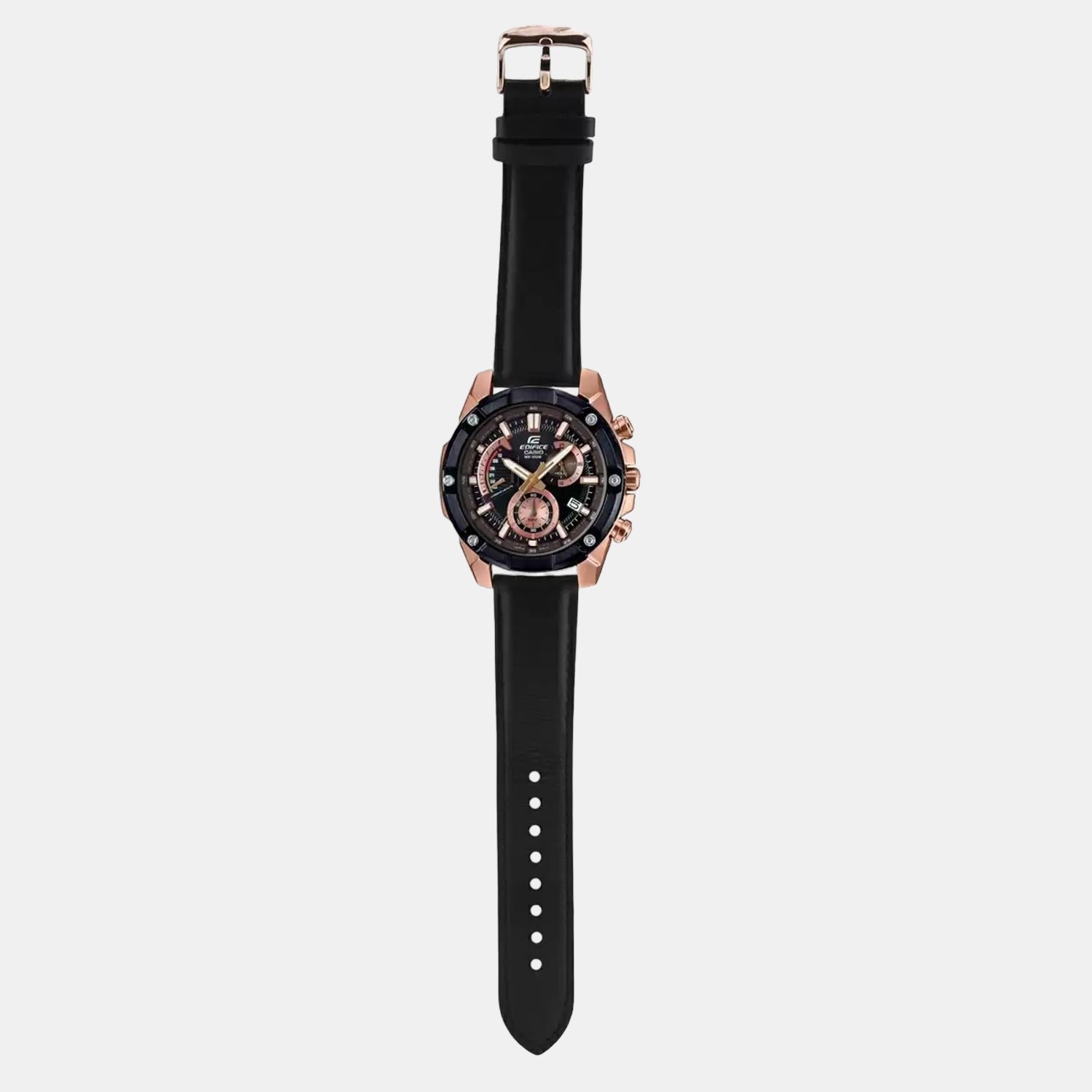 Edifice Men Quartz Black Dial Chronograph Leather Watch EX393