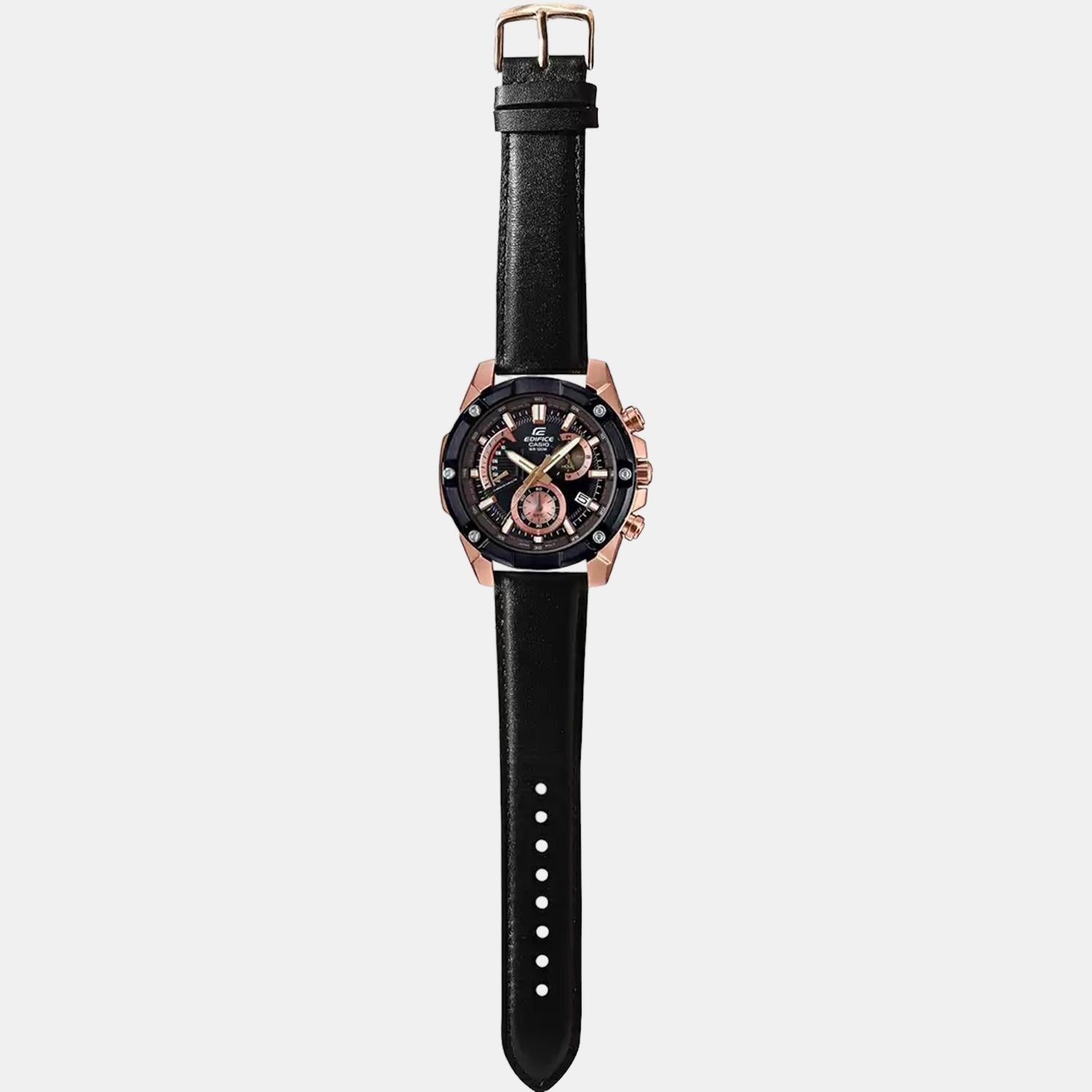 Edifice Men Quartz Black Dial Chronograph Leather Watch EX393