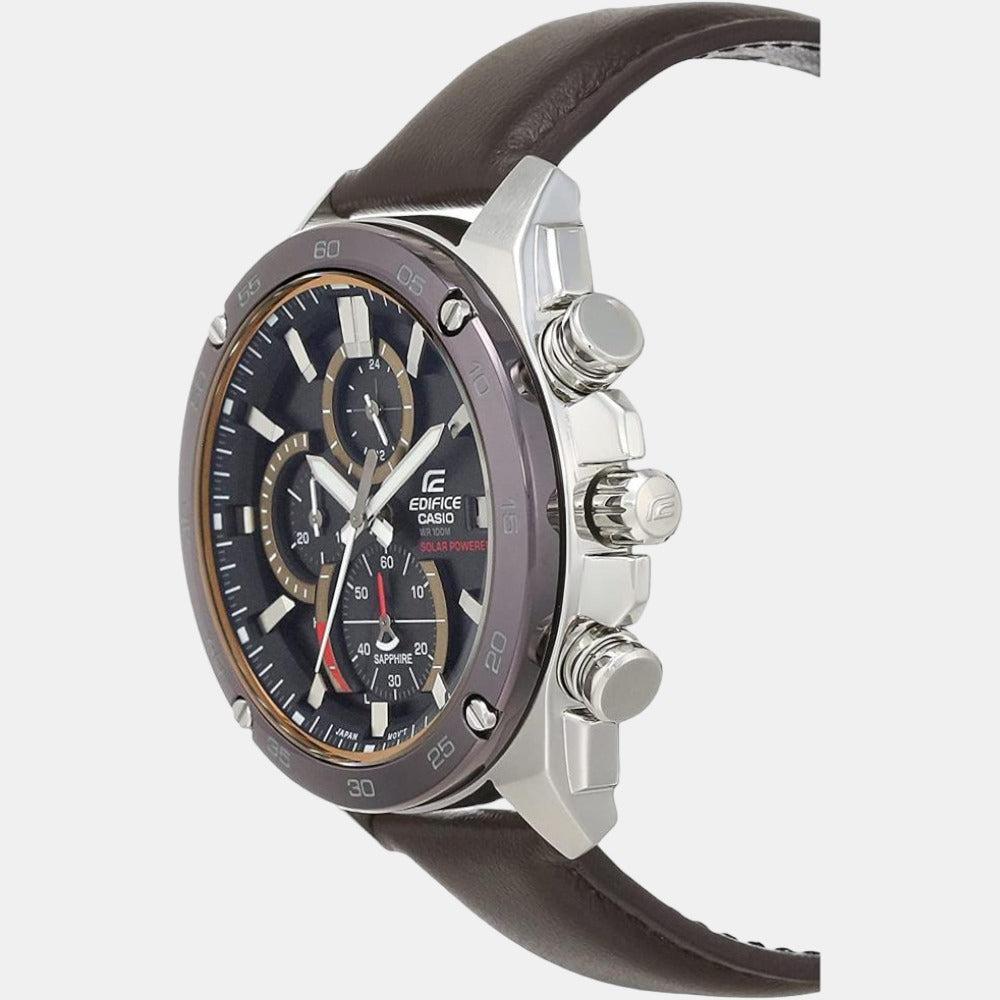 Edifice Men Quartz Black Dial Chronograph Leather Watch EX464