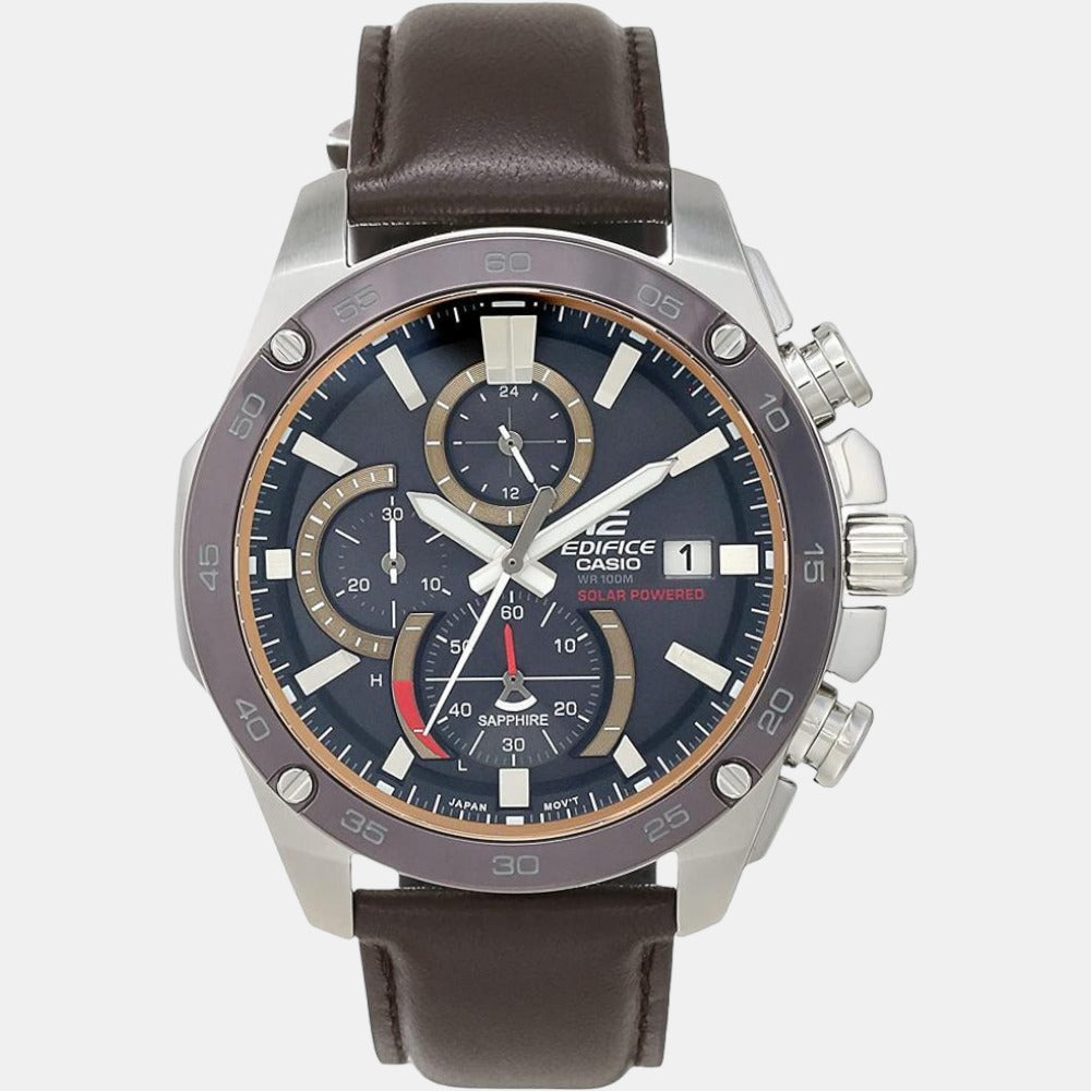 Edifice Men Quartz Black Dial Chronograph Leather Watch EX464