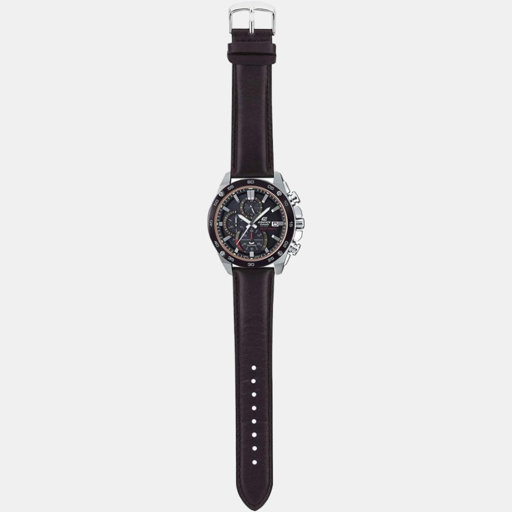 Edifice Men Quartz Black Dial Chronograph Leather Watch EX464