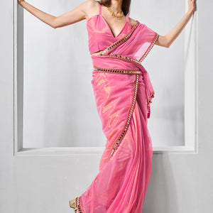 Mirror Work Lace Organza Saree With Blouse Piece