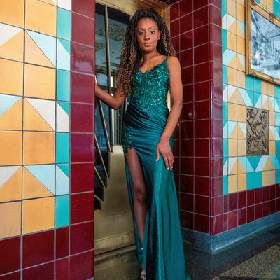 Applique Fitted Satin Glitter Slit Gown by Ladivine CDS439 - Outlet