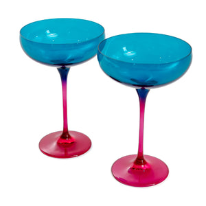 Estelle Colored Champagne Coupe - Set of 2 {Colorblock: Teal + Fuchsia}
