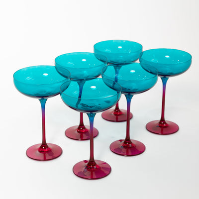 Estelle Colored Champagne Coupe - Set of 6 {Colorblock: Teal + Fuchsia}