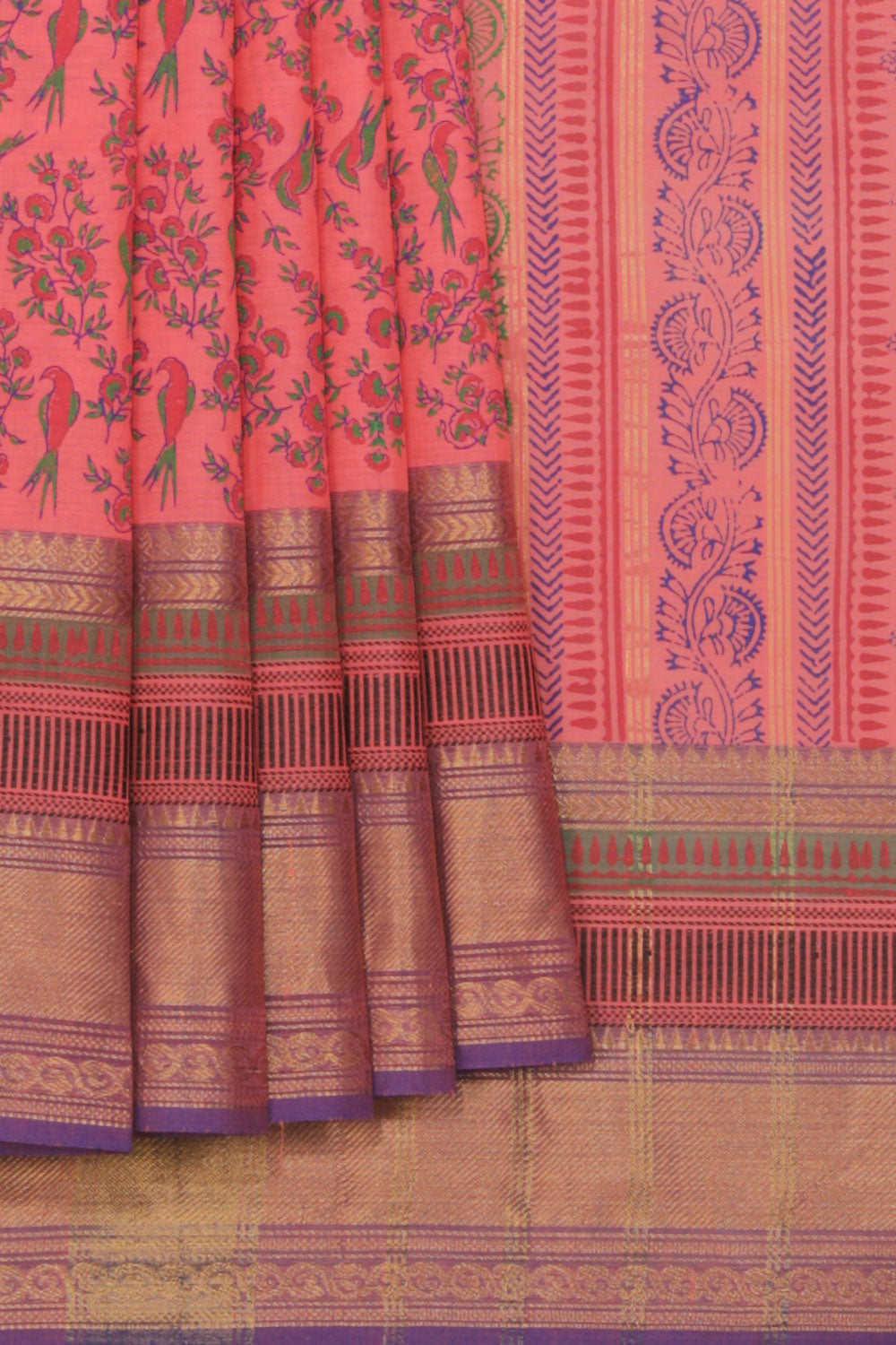 Hand block printed cotton saree
