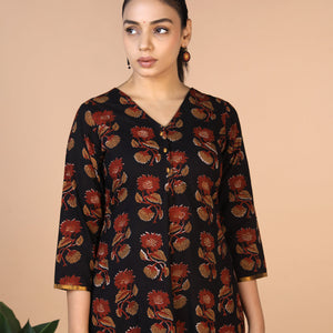 Deep Black Bagru Handblock printed Kurti
