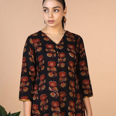 Deep Black Bagru Handblock printed Kurti