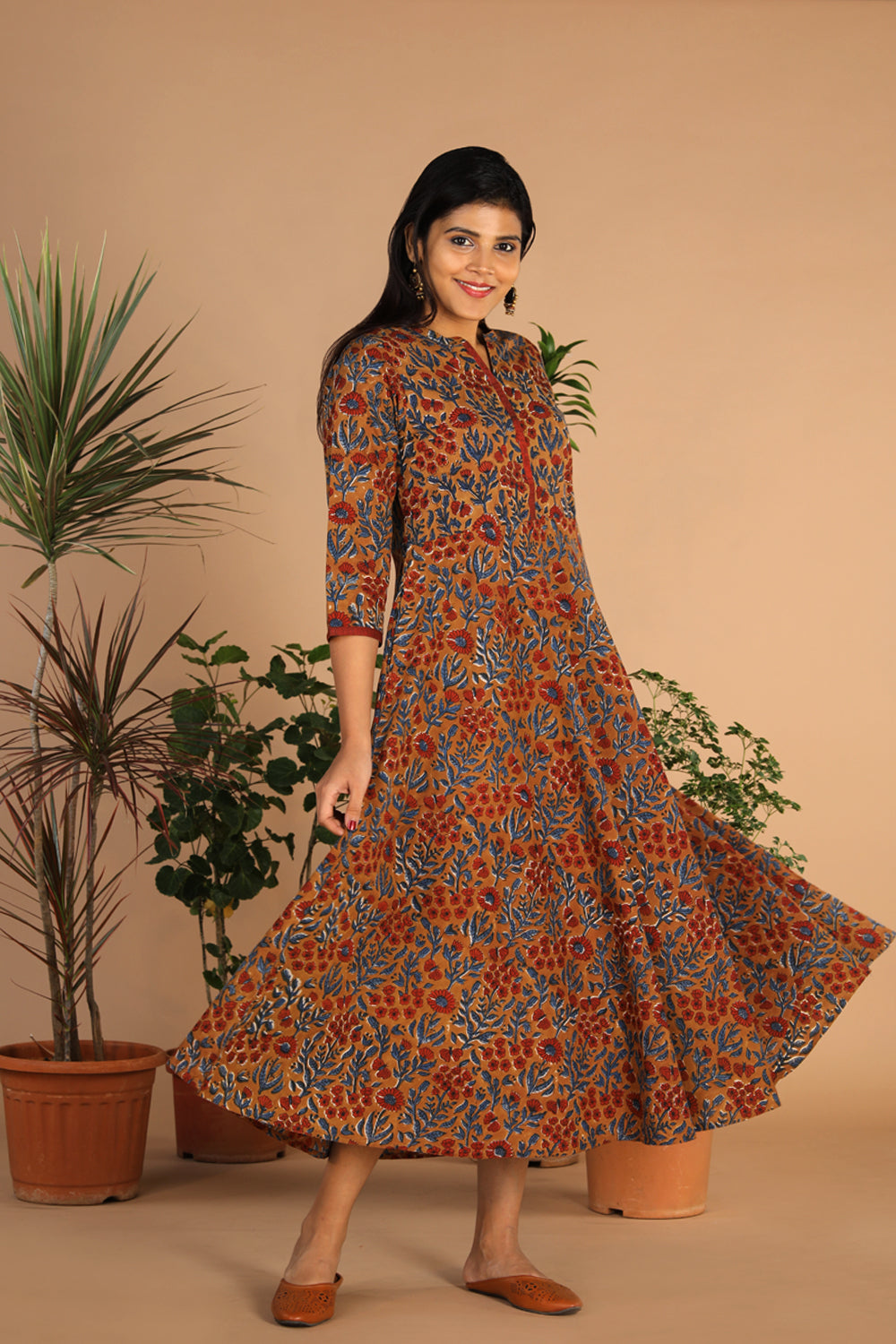 Cotton long handblock printed Bagru dress