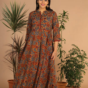 Cotton long handblock printed Bagru dress