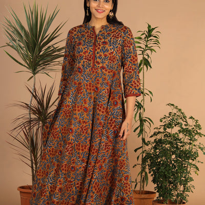 Cotton long handblock printed Bagru dress