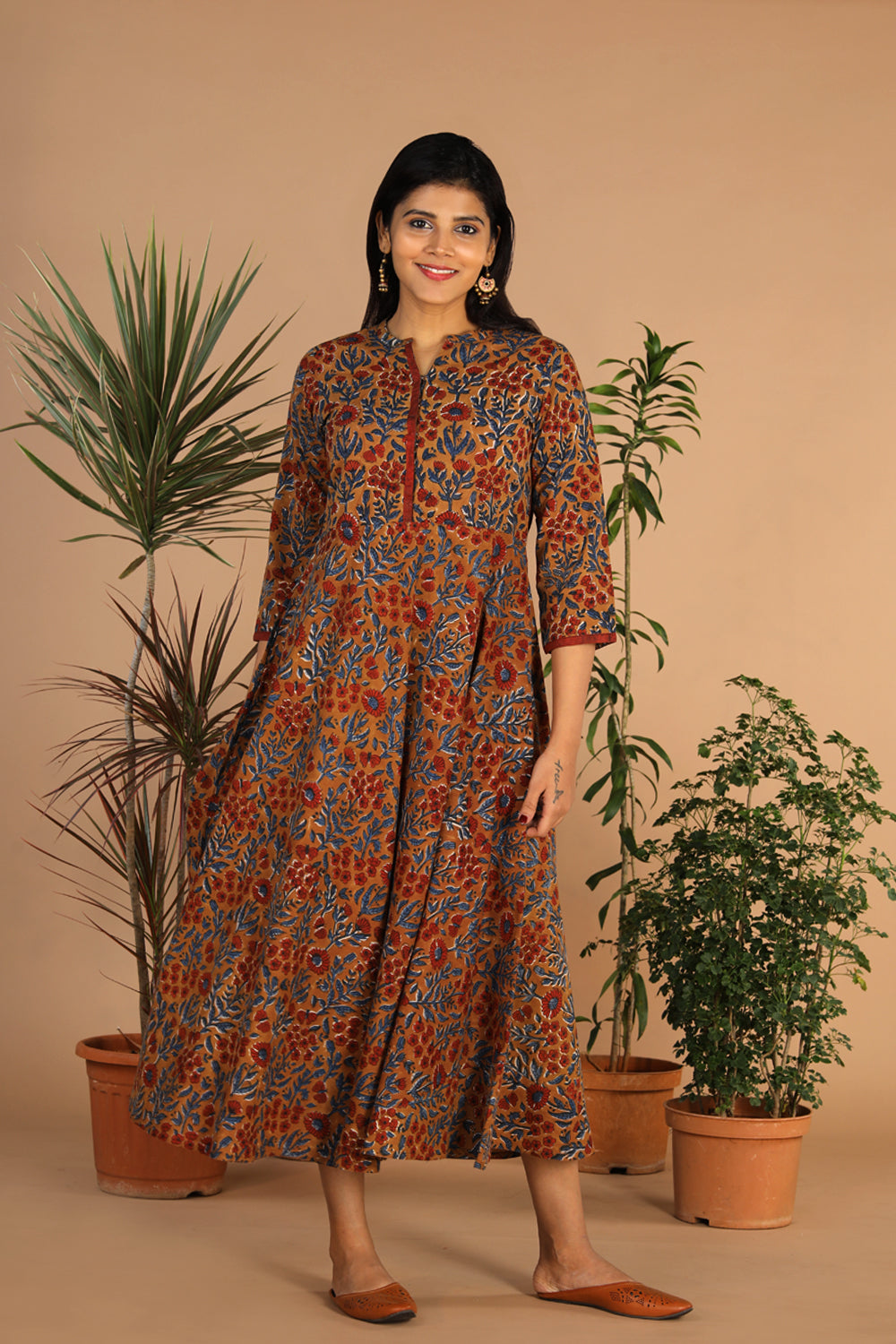Cotton long handblock printed Bagru dress