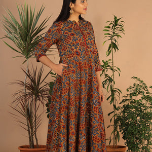 Cotton long handblock printed Bagru dress