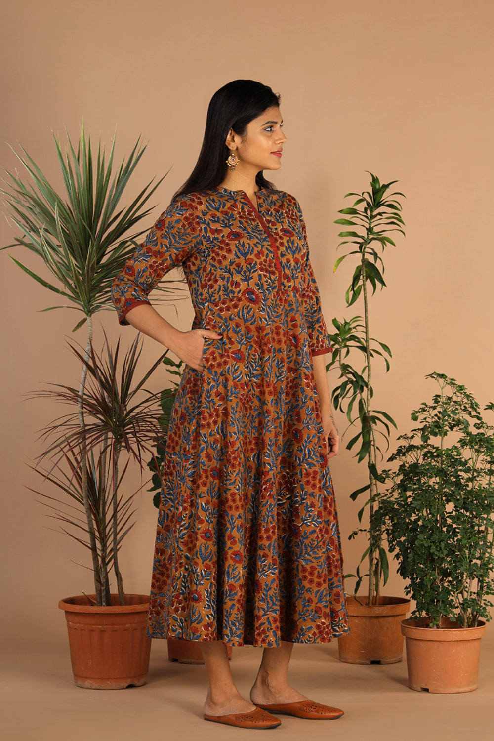 Cotton long handblock printed Bagru dress