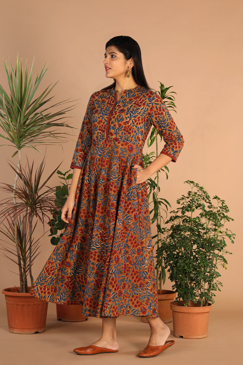 Cotton long handblock printed Bagru dress