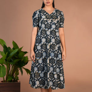 Indigo green Bagru cotton handblock printed dress