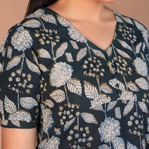 Indigo green Bagru cotton handblock printed dress