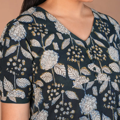 Indigo green Bagru cotton handblock printed dress