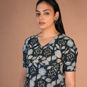 Indigo green Bagru cotton handblock printed dress