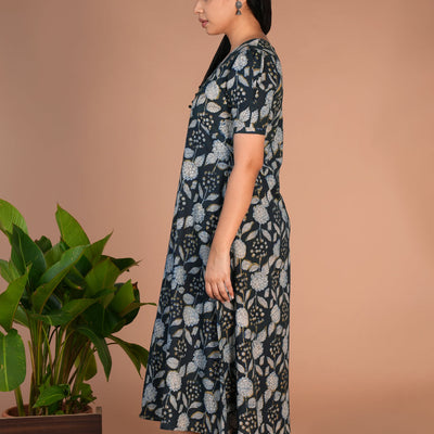Indigo green Bagru cotton handblock printed dress