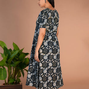 Indigo green Bagru cotton handblock printed dress
