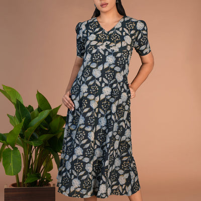 Indigo green Bagru cotton handblock printed dress
