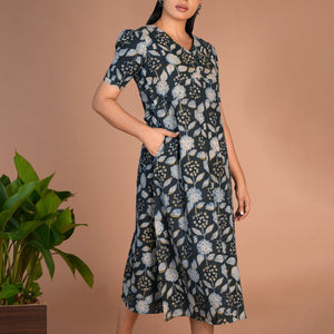Indigo green Bagru cotton handblock printed dress