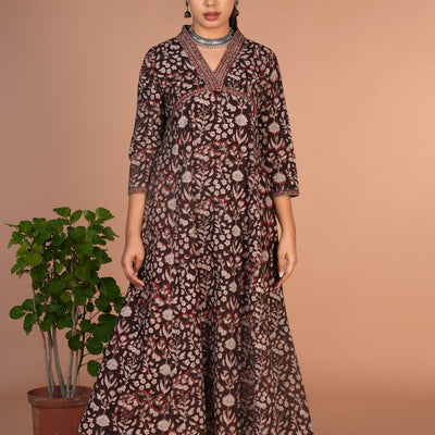 Dark chocolate brown Bagru cotton handblock printed dress