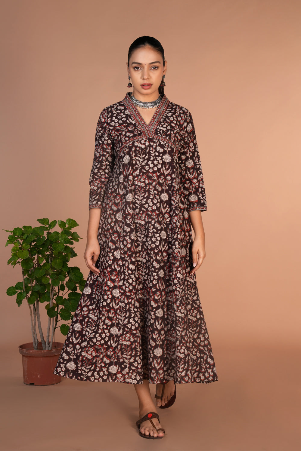 Dark chocolate brown Bagru cotton handblock printed dress