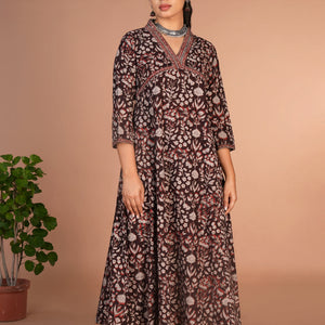 Dark chocolate brown Bagru cotton handblock printed dress