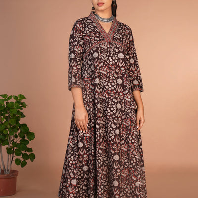 Dark chocolate brown Bagru cotton handblock printed dress