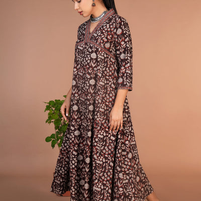 Dark chocolate brown Bagru cotton handblock printed dress