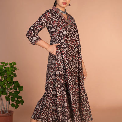 Dark chocolate brown Bagru cotton handblock printed dress