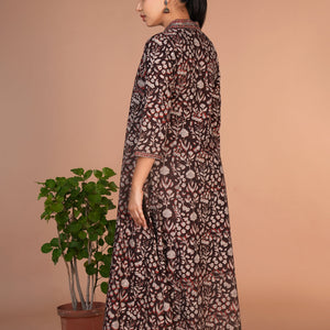 Dark chocolate brown Bagru cotton handblock printed dress