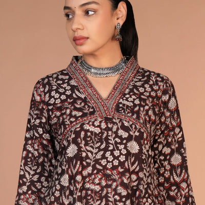 Dark chocolate brown Bagru cotton handblock printed dress