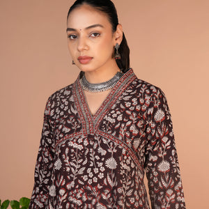 Dark chocolate brown Bagru cotton handblock printed dress