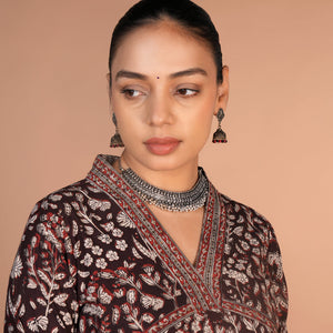 Dark chocolate brown Bagru cotton handblock printed dress