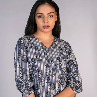 Grey Blue Kalamkari handblock printed dress