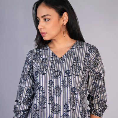 Grey Blue Kalamkari handblock printed dress