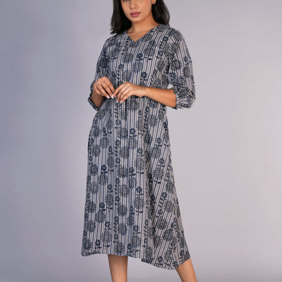Grey Blue Kalamkari handblock printed dress