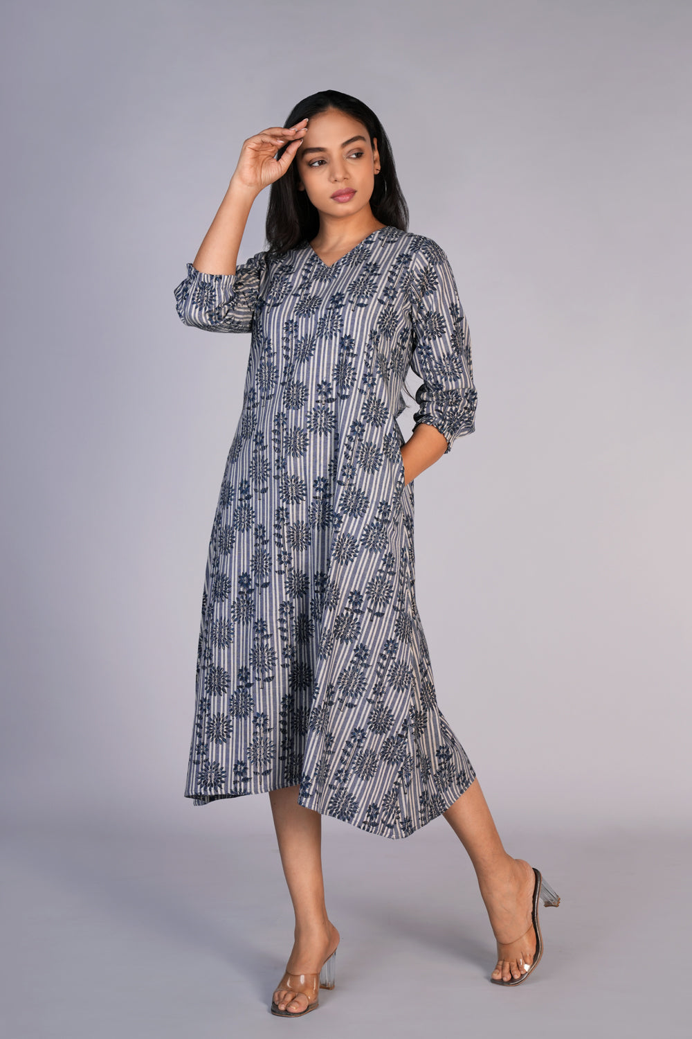 Grey Blue Kalamkari handblock printed dress