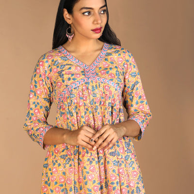 Floral Sanganeri hand block printed cotton Kurta