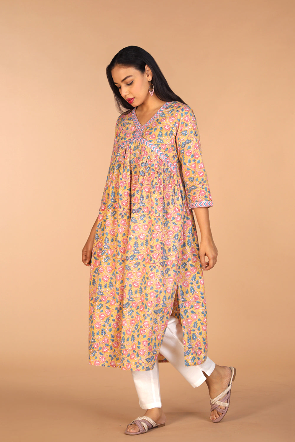 Floral Sanganeri hand block printed cotton Kurta