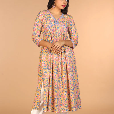 Floral Sanganeri hand block printed cotton Kurta