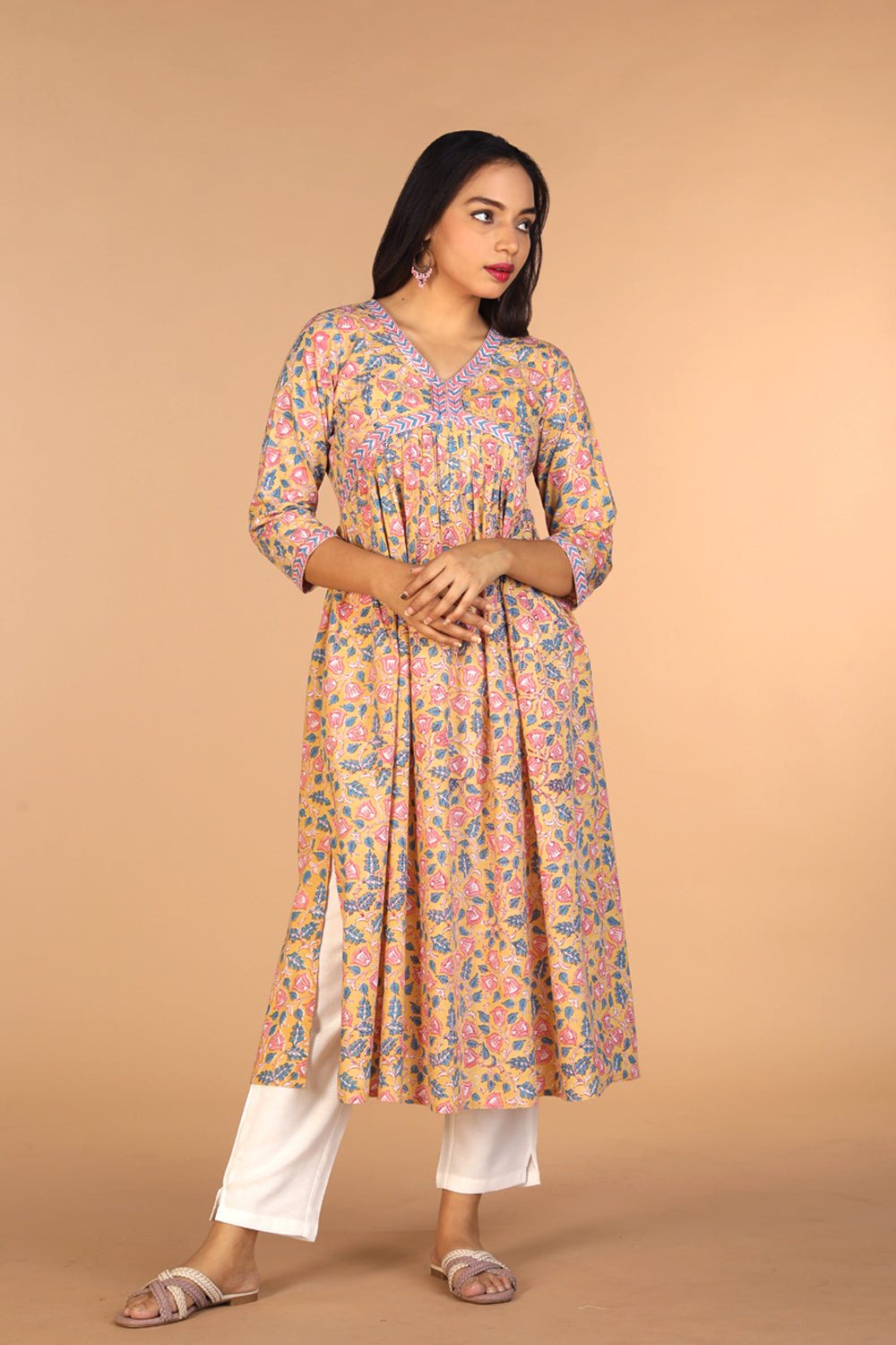 Floral Sanganeri hand block printed cotton Kurta